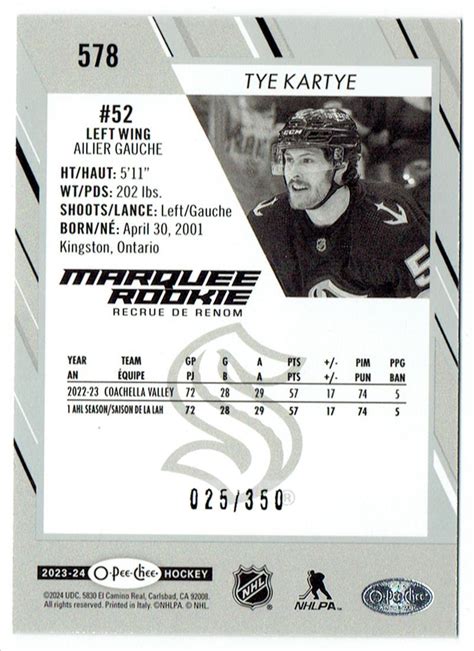 2023 24 O PEE CHEE MARQUEE ROOKIE RAINBOW FOIL TYE KARTYE 025 350