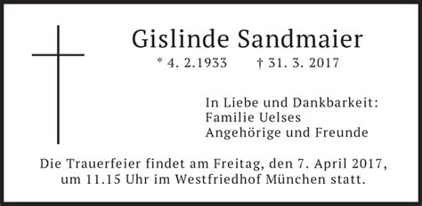 Traueranzeigen Von Gislinde Sandmaier Trauer Merkur De