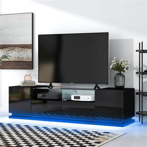 GEROJO Black Modern TV Stand with Tempered Glass, LED Color Changing ...