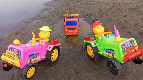 Truck Heavy Loaded Sand Stuck In Deep Mud Pulling Out Hmt Tractor