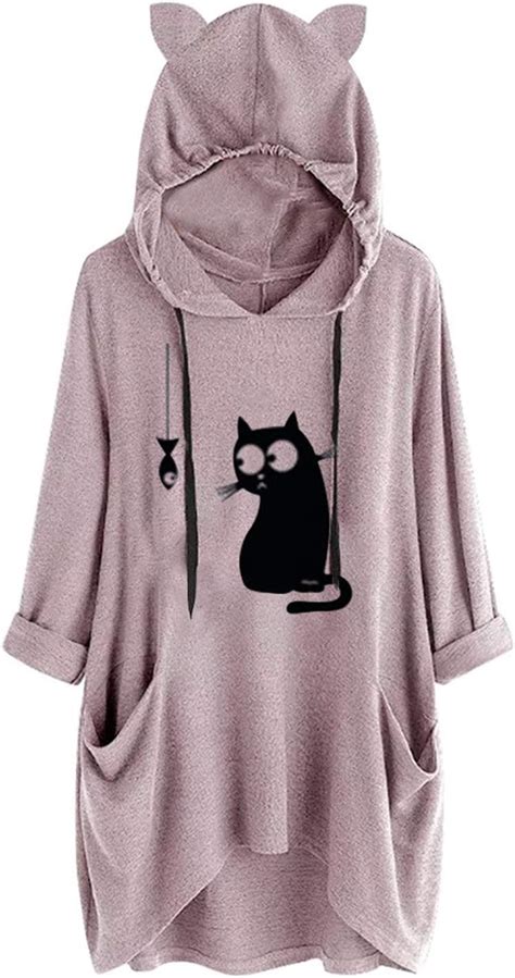 Moletom Feminino Casual Capuz E Estampa De Gatos Camisetas Plus