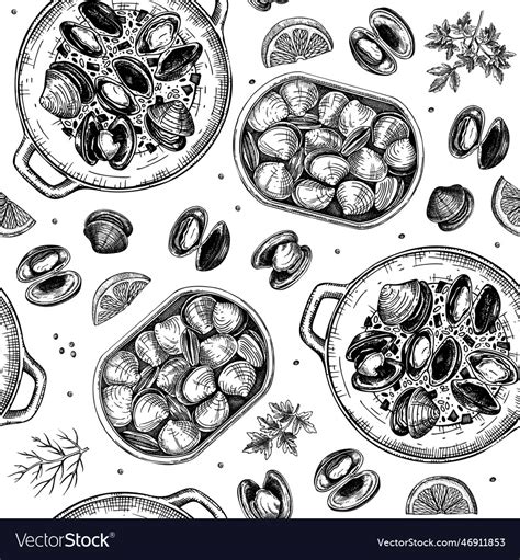 Hand Drawn Cooked Clam Shells With Herbs Seamless Vector Image