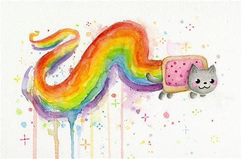 Nyan Cat Watercolor Painting by Olga Shvartsur