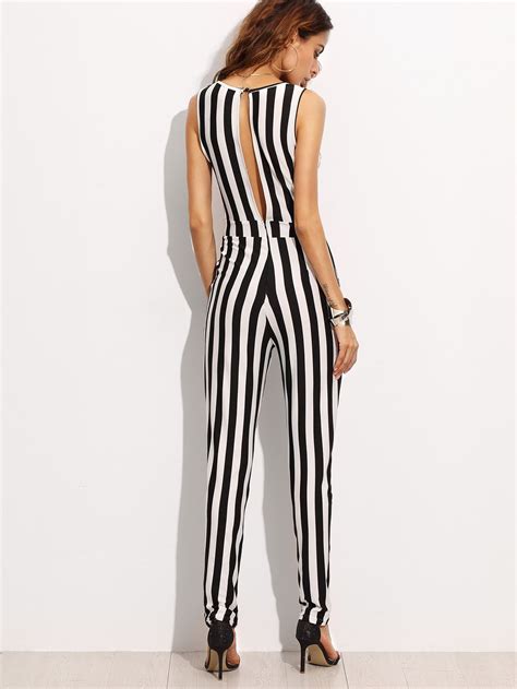 Contrast Vertical Stripe Sleeveless Keyhole Back Jumpsuit Shein