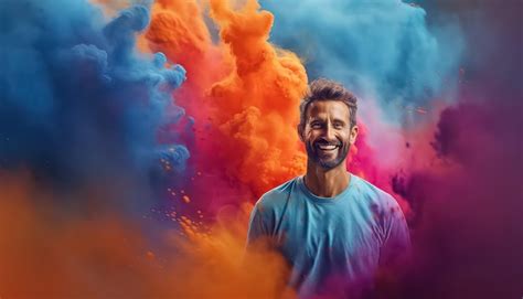 Hombre En Polvo Y Humo Pinta El Concepto Indio De Happy Holi Foto Premium