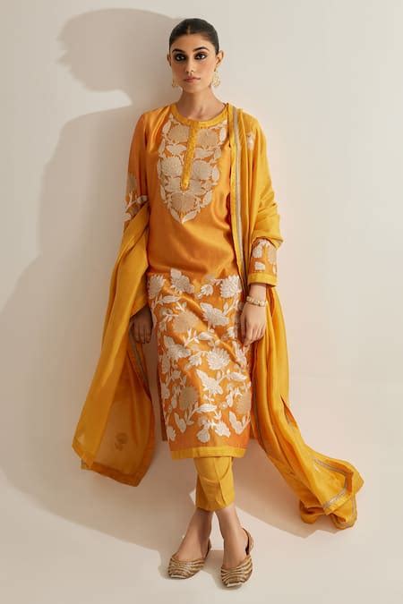 Buy Yellow Silk Chanderi Embroidered Applique Round Kurta Set For Women