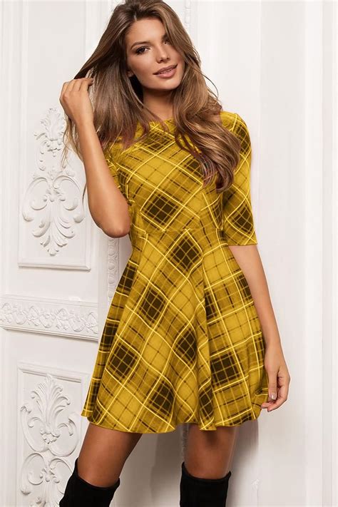 Women Yellow Plaid Print Half Sleeve Crew Neck Casual A Line Dress M Half Sleeves A Line