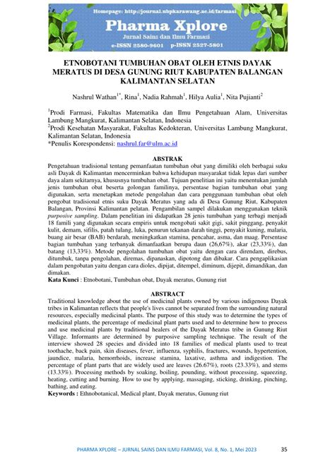 PDF ETNOBOTANI TUMBUHAN OBAT OLEH WARGA DAYAK MERATUS DI DESA GUNUNG