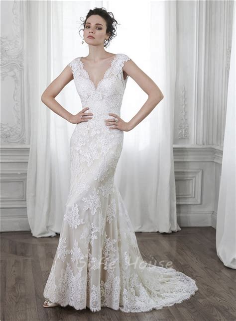 Mermaid V Neck Open Back Cap Sleeve Vintage Lace Wedding Dress Bow Sash