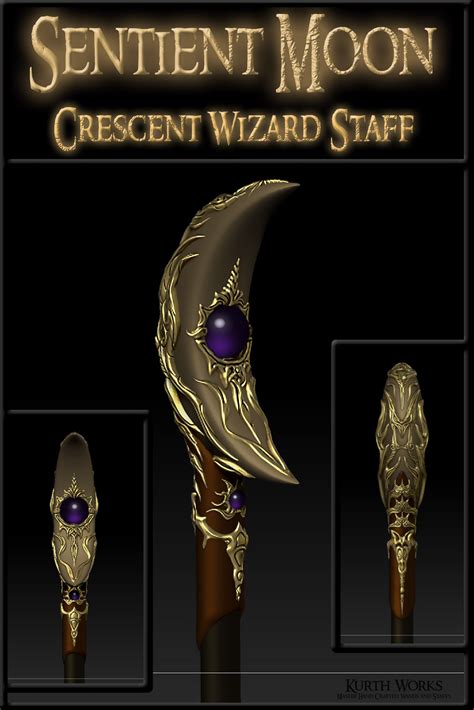 2 Sentient Moon Crescent Wizard Crystal Magic Staff Kurth Works