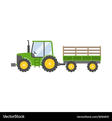 Green Tractor With Trailer For Farming Icon Vector Image