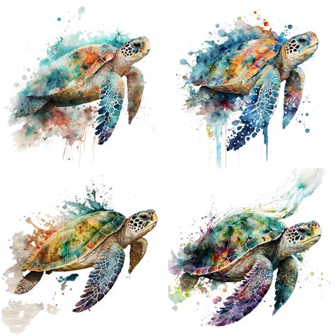 Four Watercolor Paintings Of Sea Turtles In Different Stages Of