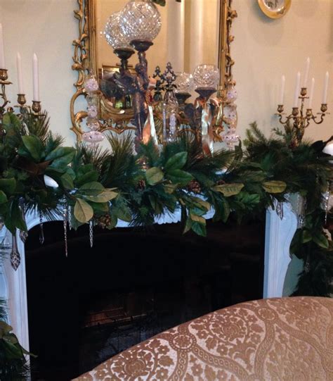 Living Room Mantle With Magnolia Leaves Crystal Candelabras Living