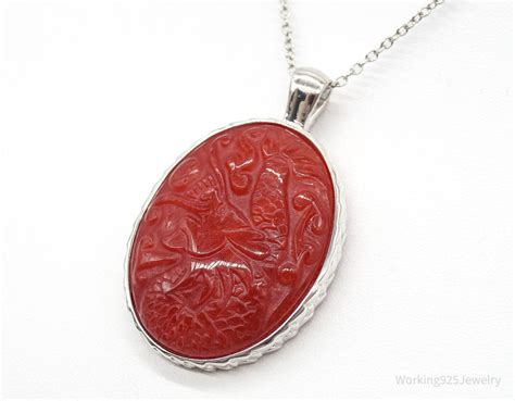 Large Vintage Carved Carnelian Dragon Sterling Silver Gem