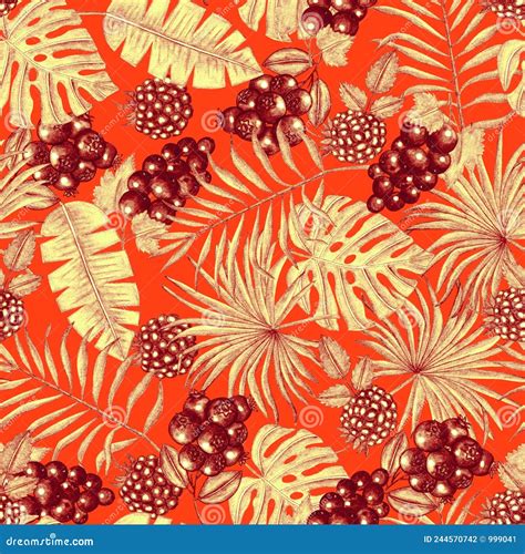 Seamless Tropical Pattern Of Leaves And Berries Watercolor