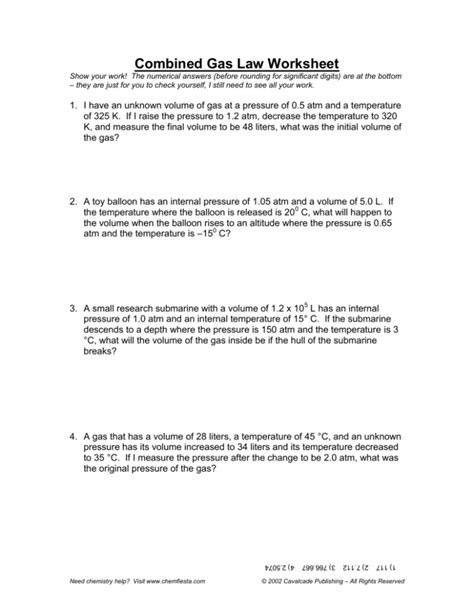 Combined Gas Law Gay Lussac S Law Worksheet