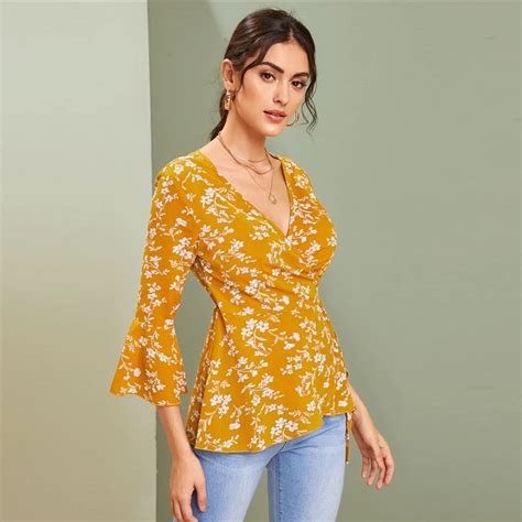 V Neck Ditsy Floral Print Knot Side Boho Wrap Blouse Power Day Sale