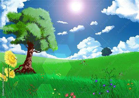 Illustration Seasons Summer Realistic Cartoon Style Scene