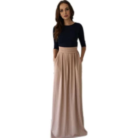 Khaki Elegant Full Length Skirts Women Empire Waistline A Line Floor