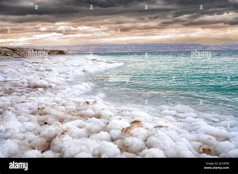 Salt Beach Of The Dead Sea At Sunset Jordan Stock Photo Alamy