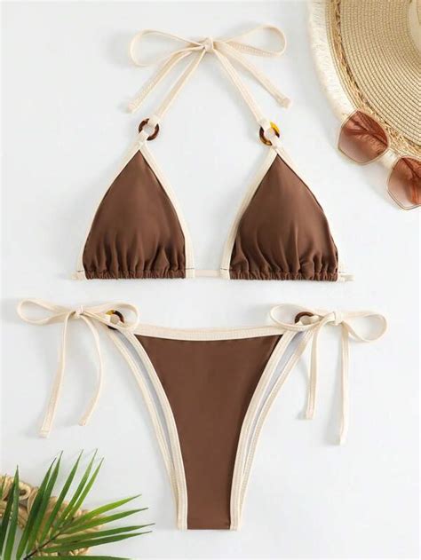 Shein Swim Vcay Contrast Binding Halter Triangle Tie Side Bikini