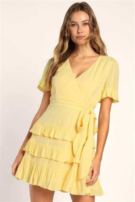 Yellow Swiss Dot Dress Tiered Mini Dress Short Sleeve Dress Lulus