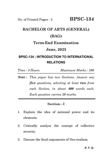 BPSC 134 Jun 2023 Political Science Previous Question Paper P T O