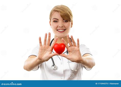 Woman Doctor With Stethoscope Holding Red Heart Stock Image Image Of