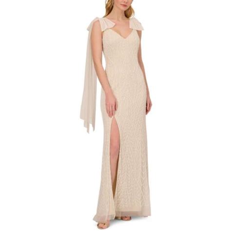 Adrianna Papell Womens Beige Beaded Sweetheart Evening Dress Gown 12