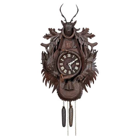 Large Antique Black Forest Carved Cuckoo Clock With Stag Head For Sale