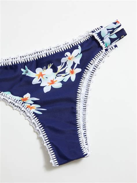 Emmiol Free Shipping Floral Print Stitched Bikini Set Navy Blue M In Bikini Sets Online