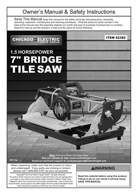 Chicago Electric 62382 7 In 1 5 Hp Bridge Tile Saw Owner S Manual Manualzz