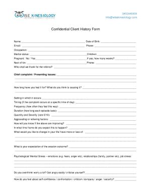 Fillable Online Confidential Client History Form Wise Kinesiology Fax