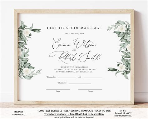 Greenery Wedding Certificate Template Editable Printable Wedding