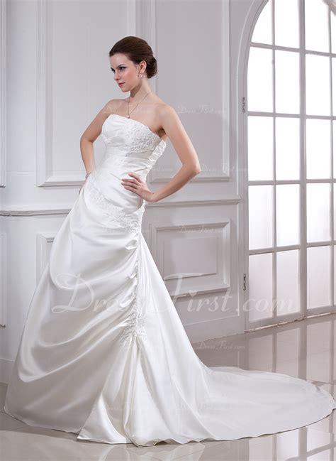 A Line Princess Strapless Chapel Train Satin Wedding Dress With Ruffle