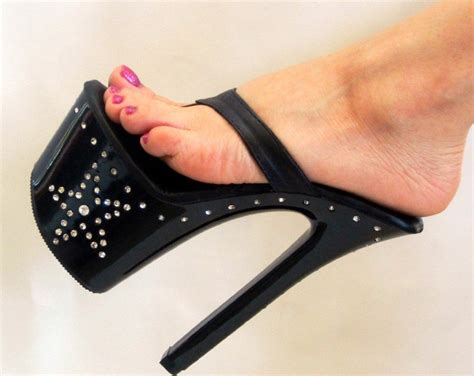 7 Inch Black Leather Thong Mule Star Rhinestone Encrusted High Heel Platform Woman Foot Fetish