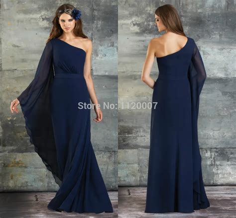 Modest Bridesmaid Dresses With Sleeves Navy Blue One Shoulder Elegant