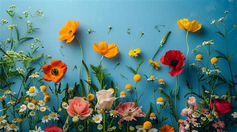 Premium Photo | Summer flowers lay on a blue background High resolution