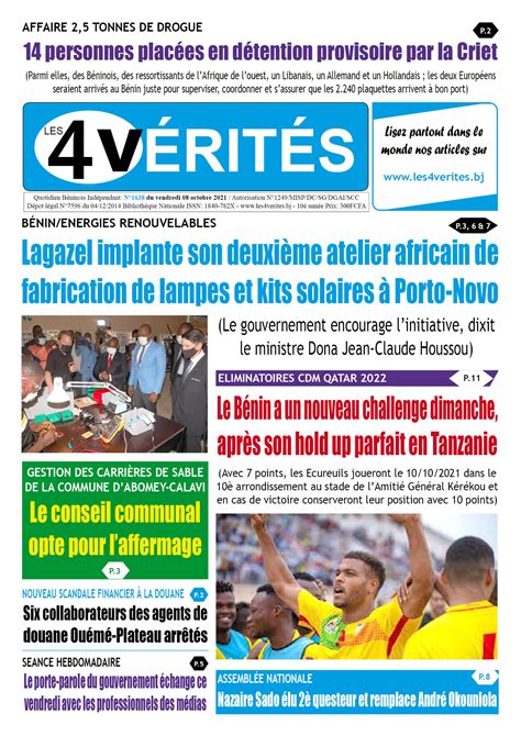 La Une du journal Les 4 Vérités du vendredi 08 octobre 2021 Les 4 VERITES