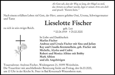 Traueranzeigen Von Lieselotte Fischer Rz Trauer De