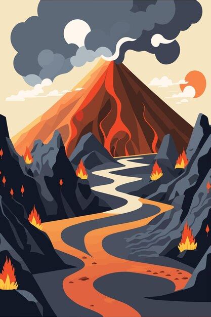 Premium Vector Volcanic Mountain In Eruption Background View Vector