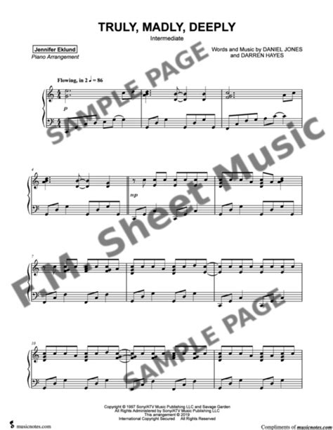 Truly Madly Deeply Intermediate Piano By Savage Garden Fm Sheet Music Pop Arrangements