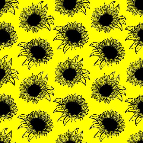 Seamless Pattern With Black Sunflowers Flower Line Art On Yellow Background Illustration Of A