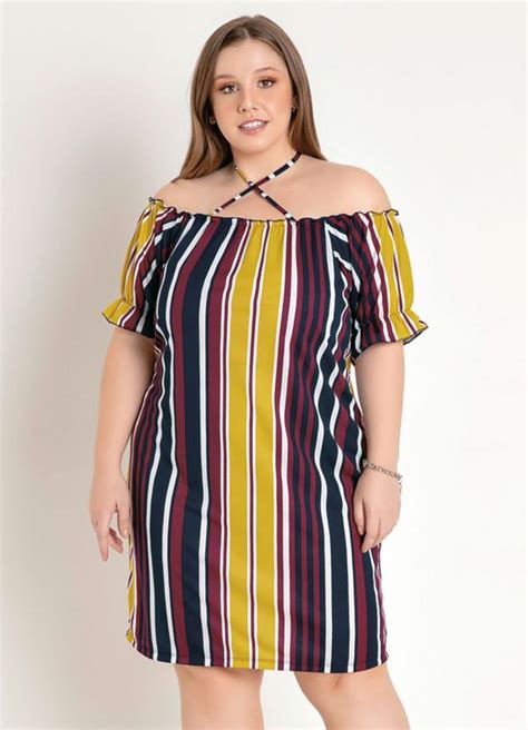 Vestido Listrado Com Mangas Bufantes Plus Size Marguerite