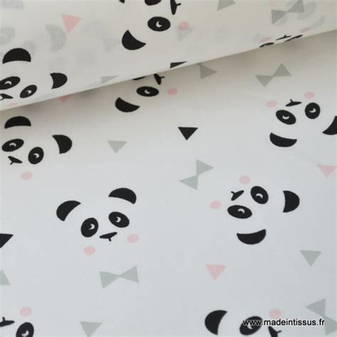 Tissu coton imprimé panda rose sur fond blanc pour enfant au mètre