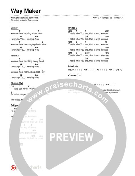 Way Maker Chords PDF (Sinach / Mahalia Buchanan) - PraiseCharts