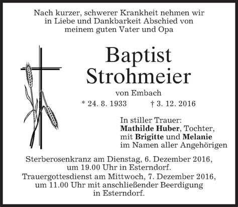 Traueranzeigen Von Baptist Strohmeier Trauer Merkur De