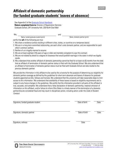 Fillable Online Gradsch Osu Affidavit Of Domestic Partnership For