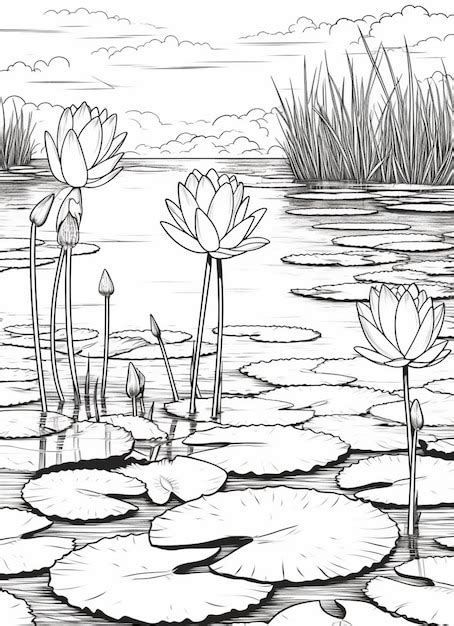 Premium Photo A Drawing Of A Pond With Water Lilies And Grass