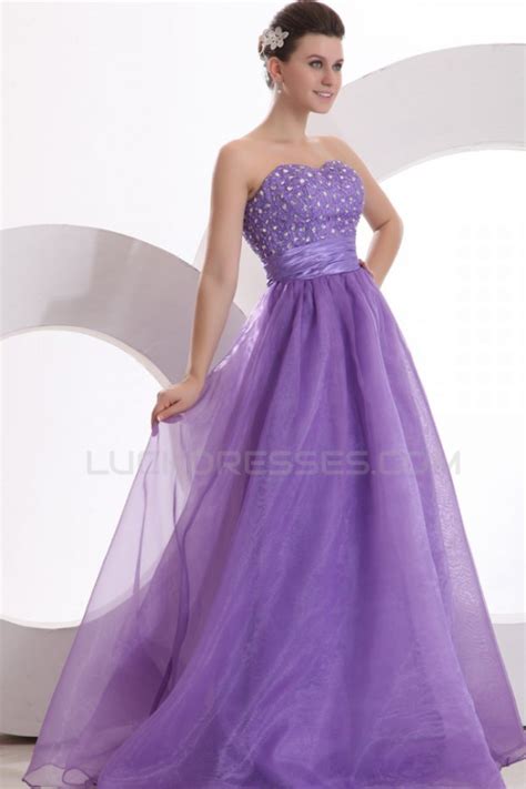 A Line Strapless Beaded Long Purple Prom Evening Formal Party Dresses